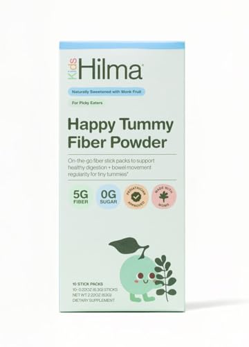 Hilma Happy Tummy Fiber Powder - Kids Fiber Supplement for Gut Health, Digestive Support & Occasional Constipation Relief, with Prebiotics from Acacia Powder - 10 Packets