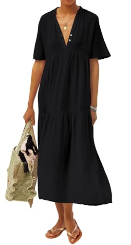 R.Vivimos Womens Summer Cotton Flowy Maxi Dress Short Sleeve V