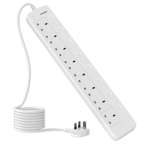 TOPREK 8 Way Extension Lead with Individual Switches 2M Heavy Duty Socket
