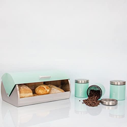 Matching Kitchen Set of Four items: Toaster, Kettle, Bread bin and canisters and Mug Tree and Kitchen Roll Holder Stand Set in Light Blue, Pink or Mint Green (Mint Green)
