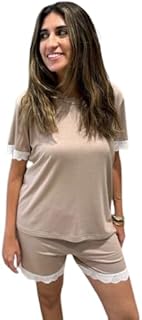 طقم بيجامة للنساء من القطن الخالص مكون من توب نصف كم وشورت من القطن مزين بالدانتيل في الأطراف، تصميم مريح للارتداء في المنزل من باج