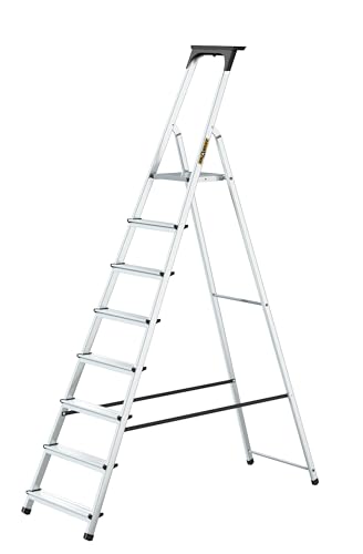 Drabest - Haushaltsleiter - Stehleiter - 8 Stufen - Arbeitshöhe 3 62m - Klappleiter aus Aluminium max. 125 kg mit Praktischer Ablage - Aluleiter mit Plattform 25x26 cm rutschfeste Füßen