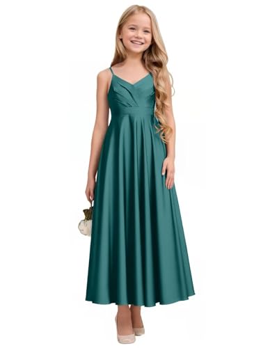 Spaghetti Straps Junior Bridesmaid Dresses for Wedding Satin V Neck Pageant Flower Girl Dresses for Girls4