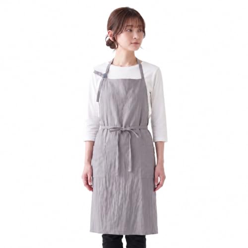 [créer] エプロン 首掛け 全9色 選べる着丈 ≪ひざ上/ひざ下/ロング丈≫ カフェエプロン レディース メンズ おしゃれ 可愛い 無地 2ポケット アットライズ (アイスグレー, M)