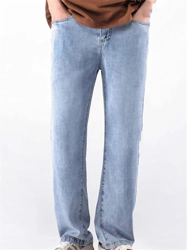 Men's Summer Thin Denim Jeans Loose Fit Straight Cut Elastic Waist Casual Long Trousers3