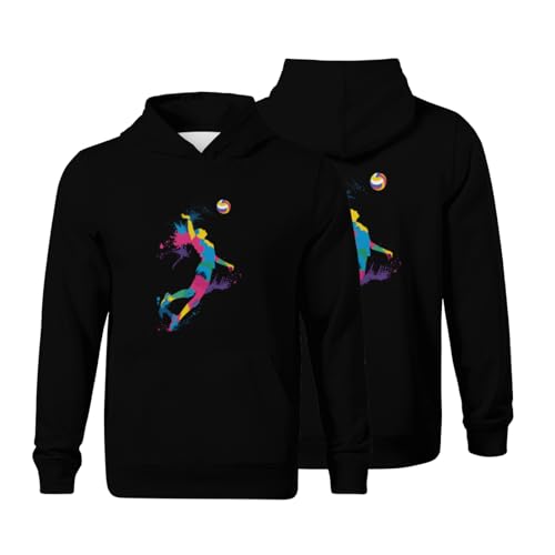 Kids Tie Dye Retro Silhouette Splash Art Of Volleyball Player Boys Girls Lightweight Kangaroo Pocket Fleece Hoodies