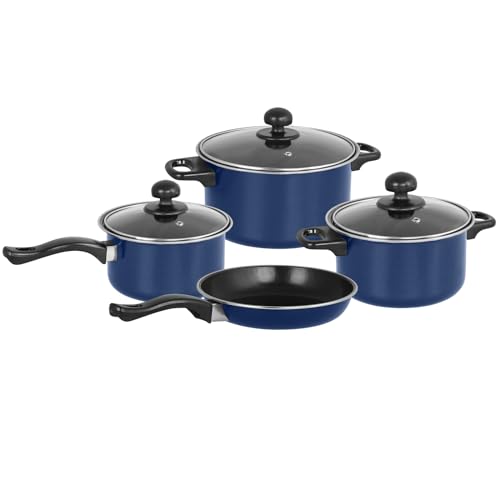 Gr8 Home 7 Piece Non Stick Kitchen Cookware Set Cooking Pot Frying Pan Saucepan with Glass Lids (Teal Blue)