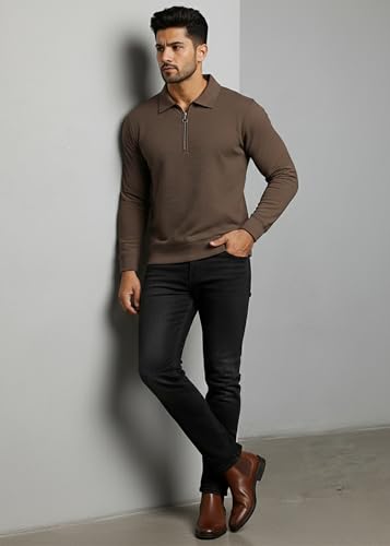 Image of Peppyzone Men's Full Sleeve Textured Polo T-Shirt with Collar | Stylish Chain Zip Tshirt for Man | Premium Polyester Lycra Stretch Fabric | Long Sleeve T Shirt for Men