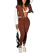qfmqkpi Women Casual Varsity Jacket Sweatsuit Patchwork Button Down Jackets Pants 2 Pieces Tracksuit