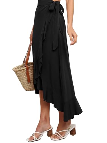 Umenlele Women's Casual Tie Waist Asymmetric Swing Ruffle Wrap Hem Flowy Mid Skirt3