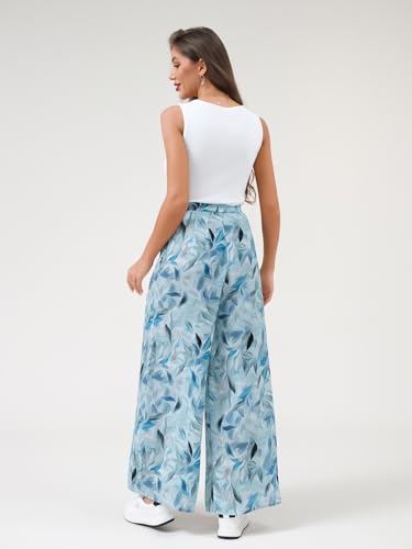 DERAX Women's Boho Floral Wide Leg Palazzo Pants Summer High Waist Flowy Beach Lounge Pants Lightweight Trousers Pockets2