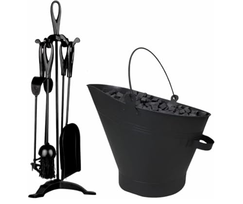 Trendi 5 Piece Fireside Companion Set for Log Burner | Traditional Black Heavy Duty Fire Poker Set for Wood Burners | Coal Tongs Brush Shovel Stand Ash Bucket (Companion Set & Small Waterloo Bucket)