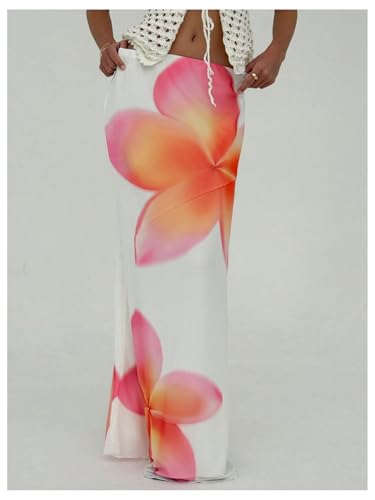 Milumia Women's Floral Print Mesh Maxi Skirt Low Waist Flare Hem Summer Long Skirts4