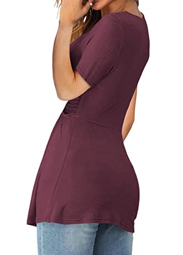 Image of Tankaneo Womens Front Knotted V-Neck Blouse T Shirt Short Sleeve Oversized Tunic Tops Summer Solid Pullover Tees