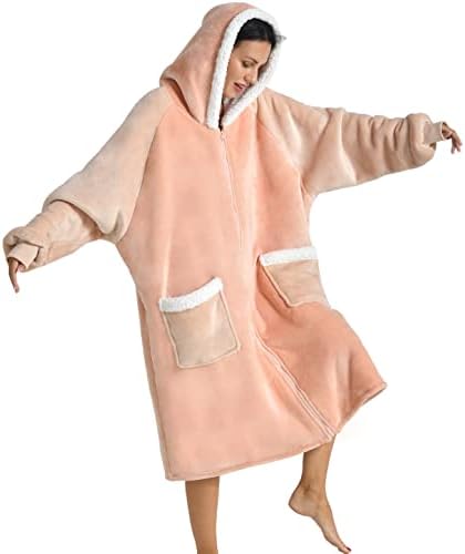 Jugbey Oversized Zip Up Wearable Blanket for Women Men,Cozy Fuzzy Sherpa & Fleece Hooded Blanket Sweatshirt with Sleeves & Giant Pockets Pink