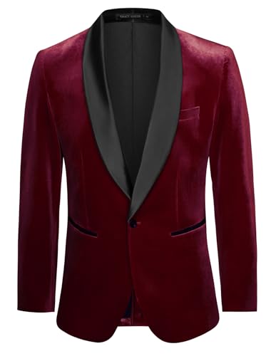 GRACE KARIN Blazer de Terciopelo con un botón para Hombre, Ajuste Regular, Chaqueta de Fiesta, Boda, Navidad, Vino