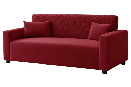 Image of Rosebell 3 Seater Wooden Sofa for Living Room, Modern Fabric Upholstered Sofa with Quilted Backrest, Cushioned Seating, Padded Armrests & Sturdy Wooden Frame - Red