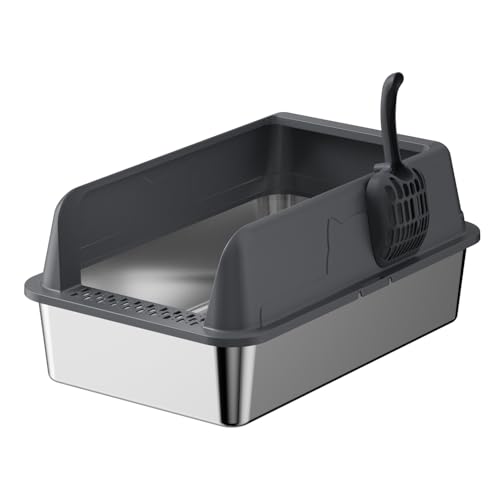 Large Stainless Steel Cat Litter Box with Lid 58 x 37 x 26 cm Metal Construction Non-Sticky Surface Anti-Leakage Design for Big Cats