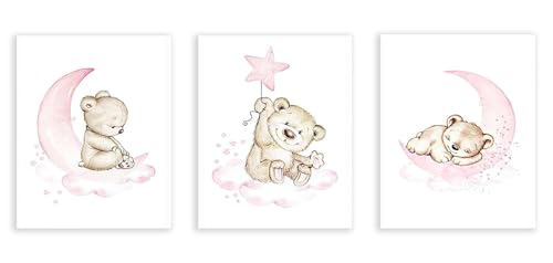 Imprimés d'animaux mignons nuage étoile lune affiche ours rose dessin animé fille