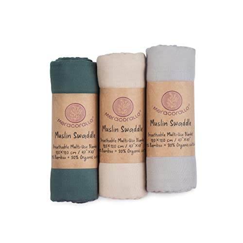 Image of Meracorallo Muslin Swaddle Blanket Silky Soft Receiving Blanket Neutral Swaddle Wrap for Baby Boys and Girls, 47 x 47 inches, Set of 3 Solid Color (Green+Beige+Gray)