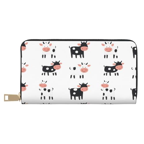 Leather Thin Slim Wallets for Women & Men - Cute Cow Black White Print Card Wallet Holder with Zipper
