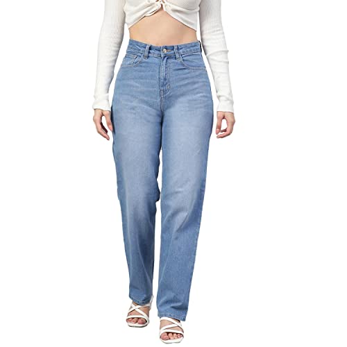 Image of KOTTY Women's High Rise Cotton Lycra Blend Ankle Length Relaxed Fit Jeans Light Blue