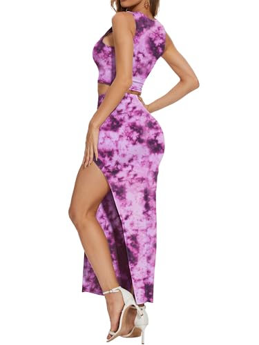 Image of ELLEVEN Two Piece Maxi Skirt Sets Summer 2 Piece Dress Outfits Sexy High Slit Long Skirt and Sleeveless Crop Top for Women Going Out Bodycon Purple Tie Dye X-Small