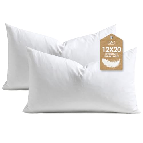 DWR Set of 2 Feather Down Throw Pillow Inserts 12x20 with Organic Cotton Cover Feather Rectangular White Decorative Pillow Inserts for Bed Sofa and Couch