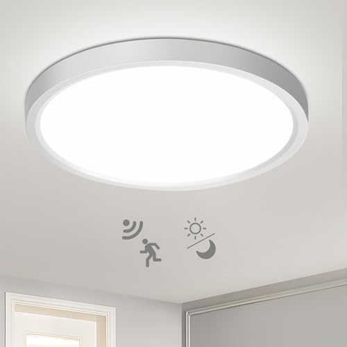 Oraymin Deckenleuchte mit Radar Bewegungssensor und Dämmerungssensor, 18W Deckenlampe mit Bewegungsmelder innen, 4000K Runde LED Lampe, 1800LM Wandleuchte für Flur Keller Garage Treppe, Φ23*2.4cm