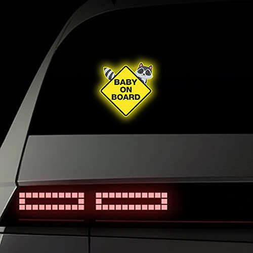 Image of 2PCS Assured Signs Baby On Board Sign Stickers,Reflective Baby Safety Warning Decal for Cars- Bright Yellow, Durable (Raccoon Baby on Board)