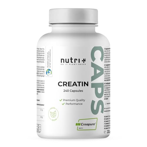 Nutri + Creatin Creapure Kapseln mit 850 mg Creatinmonohydrat Pulver - 100% rein vegan + hochdosiert - 240 hochwertige Kreatin Caps aus Deutschland