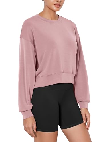 Image of ODODOS Modal Soft Long Sleeve Cropped Sweatshirts for Women Oversized Crew Neck Pullover Crop Top