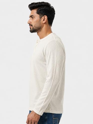 Image of Men's Cotton Blend Waffle Knit Henley T-Shirt | Full Sleeve Casual Shirt | Regular Fit Comfortable Top for Men | Stylish Everyday Wear