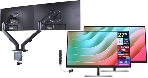 Image of HP E27k G5 27 inch 4K UHD IPS USB-C Monitor with 5ms Response Time, Anti Glare, Flicker Free, VESA Mount (100mm), Displayport, HDMI, Black /Silver (6N4C4AA#ABA) 2 Pack w /DKZ Hub & ErgoFlexy Dual Mount Arm