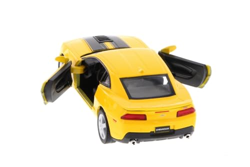 2014 Camaro Hardtop, Yellow Muscle Car w/Black Stripes - 5383DF - 1/38 Scale Diecast Model Car