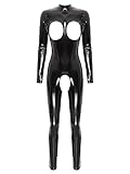 easyforever Women Sexy Hollow Out Bodysuit Lingerie Clubwear Patent Leather Invisible Zipper Latex Catsuit Black Long Sleeve Medium