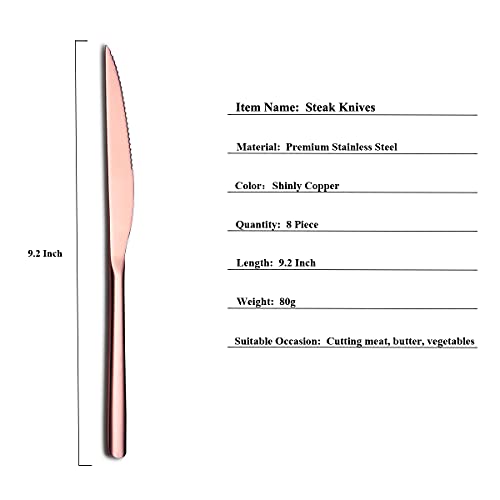 HOMQUEN Copper Steak Knives, 8 Piece Premium Stainless Steel Steak Knife Set, Meat Knife Sets, German Steak Knives Serrated, Tomato Knife, For Home, Kitchen or Restaurant, Dishwasher Safe (9.2 Inch)