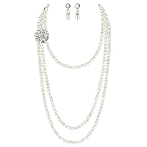 BABEYOND Juego de joyas vintage de perlas largas, estilo años 20, collar con broche y pendientes, adecuado para bodas, bailes, fiestas y ocasiones festivas, Zinc