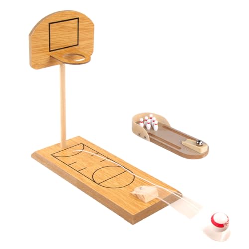 BESTonZON Educational Mini Desktop Bowling Toy Basketball Game Set Wooden 2 Pack for Relief Home Decor