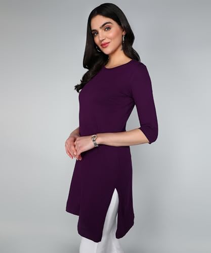 Image of FLEXIMAA Women's Cotton Plain Round Neck 3 /4 Sleeve Long Top
