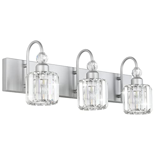 Image of Ralbay Crystal Vanity Light - 3 Light, 24'' Modern Silver Bathroom Vanity Light Fixtures Over Mirror Wall Lights