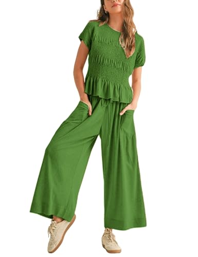 Womens 2 Piece Smocked Top Wide-Leg Pants Set High-Waisted Lounge Outfit with Pockets Casual Boho Matching Set