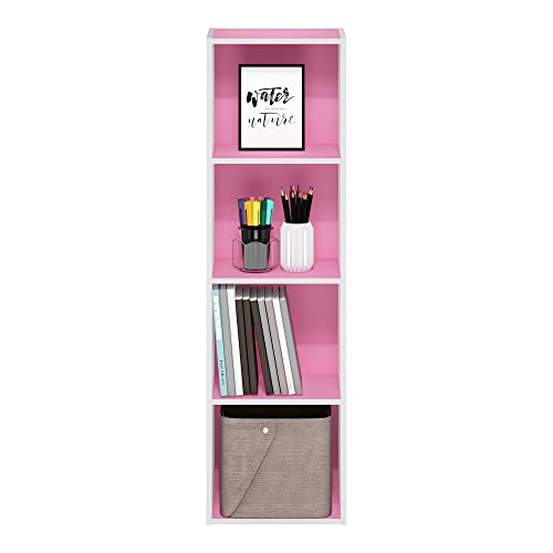 Image of Furinno PASIR Book Shelf, 4-Tier Modern Bookshelf, Open Shelves Bookcase 9 x 12 x 42, Easy Assembly, for Living Room, Bedroom, Home Office, Pink /White