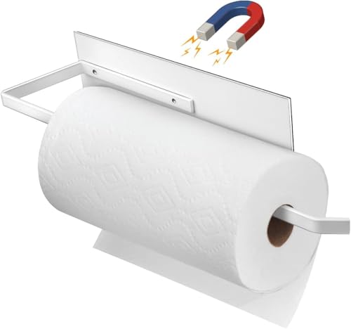 Image of OrganizeMee Magnetic Towel Holder | Kitchen Tissue Roll Holder Aluminium Foil Roll, Plastic Wrap Paper Towel Holders | Multipurpose Organizer | Can Stick to Fridge, Oven Washing Machine 1NOS (White)