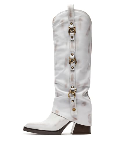 Knee High Boots for Women Cowboy Boot Western Fold Over Chunky Heel Mid Heels Tall Long Dressy Pointed Toe Side Zipper4