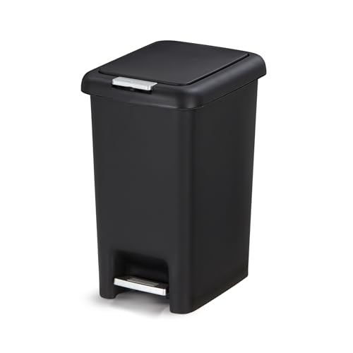 KHG Mülleimer 10 Liter aus hochwertigem Kunststoff - Abfalleimer mit Tretpedal & Druckknopf - Hygienisches Öffnen per Fuß oder Hand - Mit Tragegriffen