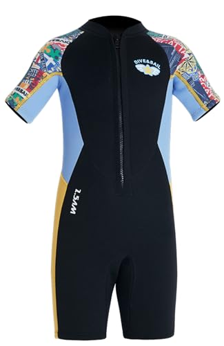 Neoprene 2.5mm Wetsuit for Kids Boys Children Warm Swimsuit Short Sleeve One Piece Shorts Swimwear Front Zipper UV Protection Diving Suit Rash Guard Black S