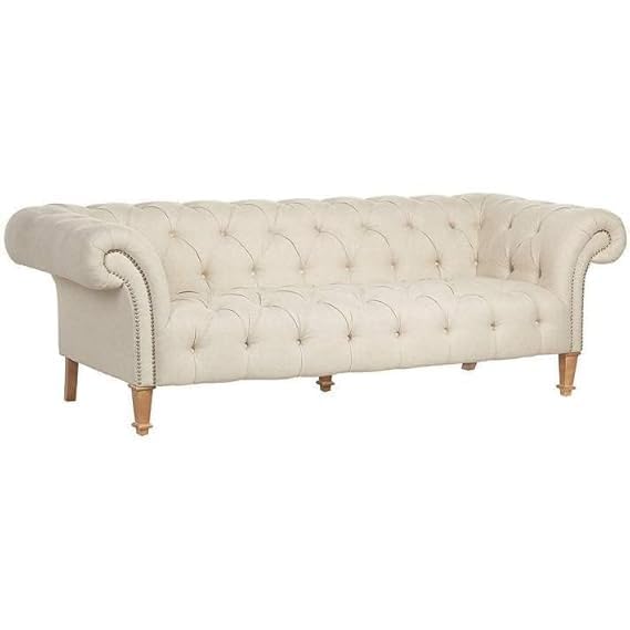 Image of Modern and Stylish 3 Seater Chesterfield Luxury Sofa with Valvet and Fabric Comfortable Sofa for Living Room, Dining Room, Hallway, and Office-(Beige).