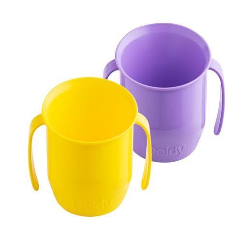 Doidy Vaso doble de 200 ml | Transición al destete (sin válvula ni boquilla) | Bebé de 3 meses en adelante | Vaso abierto con asas para beber fácilmente (lila/amarillo)