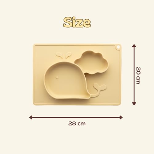 Image of Silicone Baby Meal Plate Set with Spoon & Fork | Whale Shaped | Banana Yellow | 2 Section Divided Plate for Toddlers | Food Grade Kids Feeding Set | Microwave Dishwasher Safe